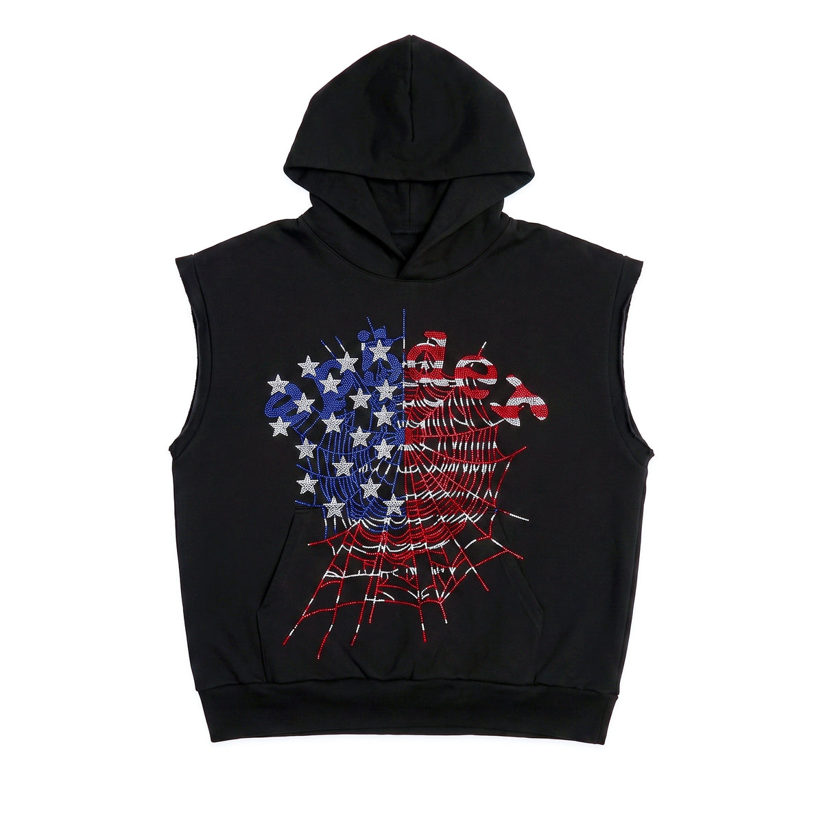 Sp5der Rhinestone Og Web Sleeveless Hoodie - Onyx