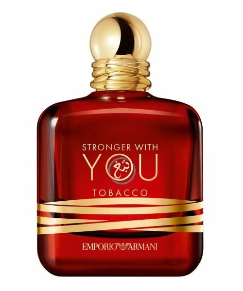 Red perfume bottle with gold cap and 'Emporio Armani' branding on a white background