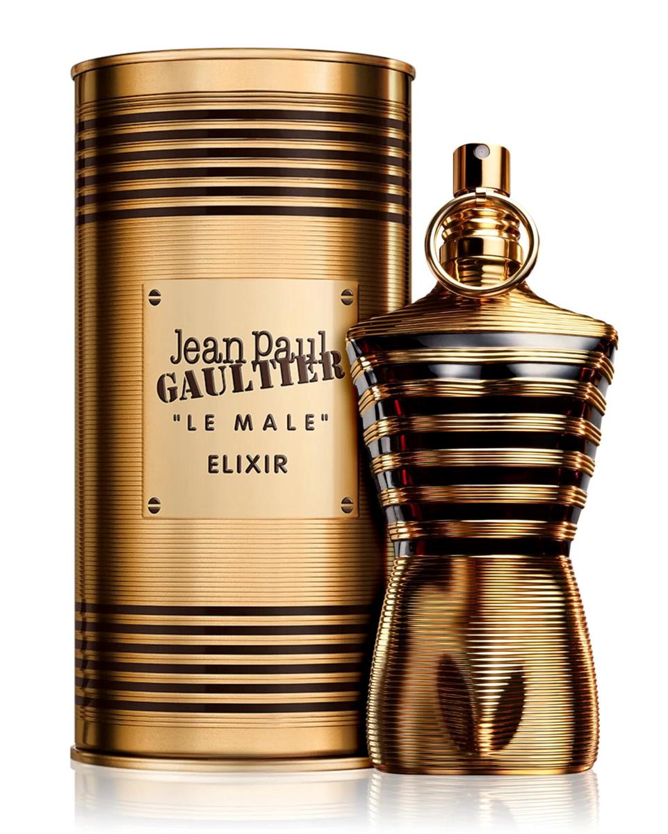 Gold perfume bottle and packaging of Jean Paul Gaultier Le Male Elixir on a white background