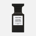 Black Tom Ford perfume bottle with 'Fucking Fabulous' text on a white background