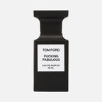 Black Tom Ford perfume bottle with 'Fucking Fabulous' text on a white background