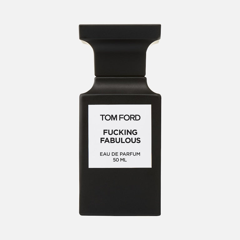 Black Tom Ford perfume bottle with 'Fucking Fabulous' text on a white background