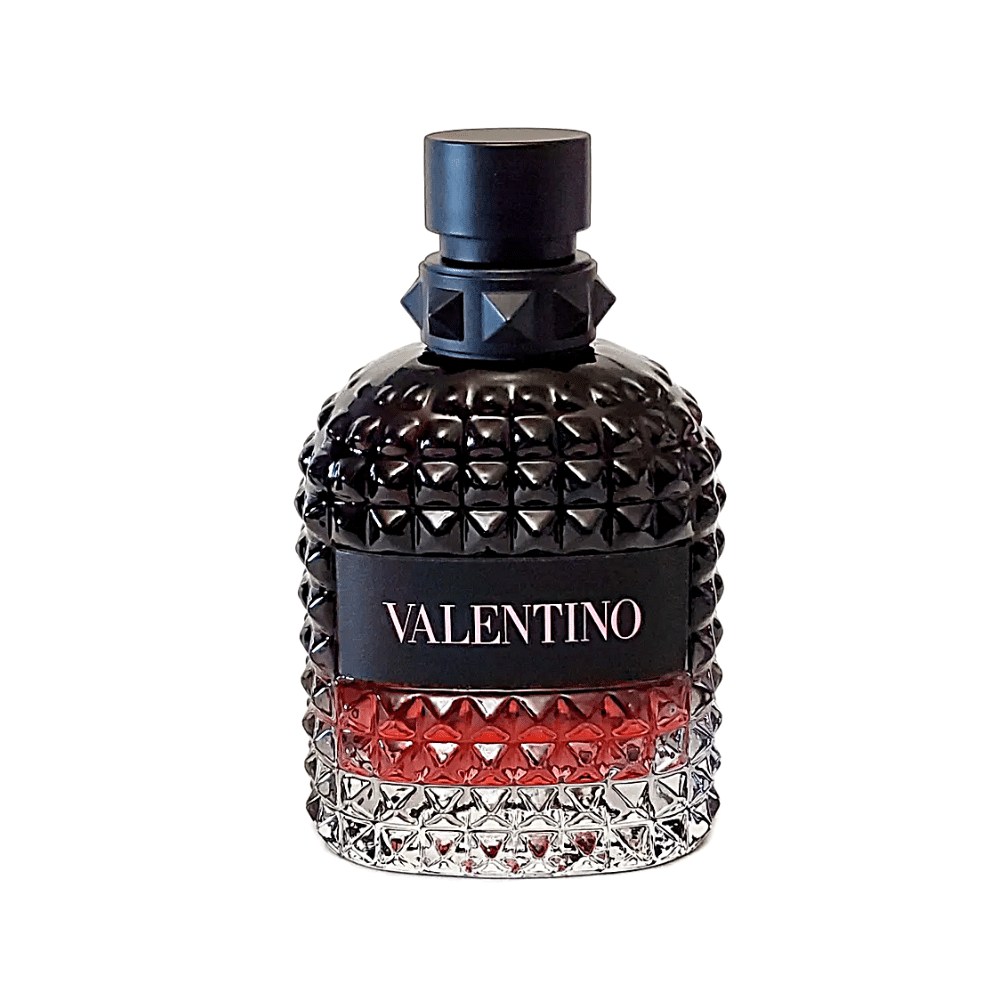 Valentino perfume bottle with black and red design on a white background