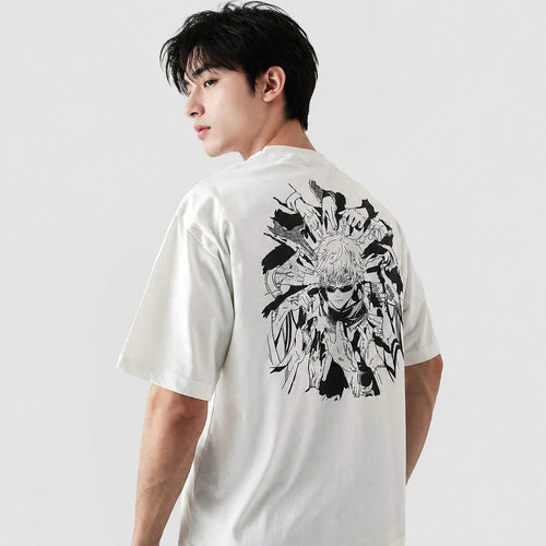 Person wearing a white t-shirt with black floral design on the back against a plain background