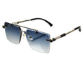 Sunglasses with gradient blue lenses and decorative metal frame on a white background