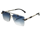 Sunglasses with gradient blue lenses and decorative metal frame on a white background