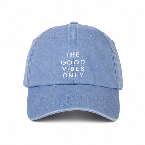 Blue cap with 'The Good Vibes Only' text on a white background
