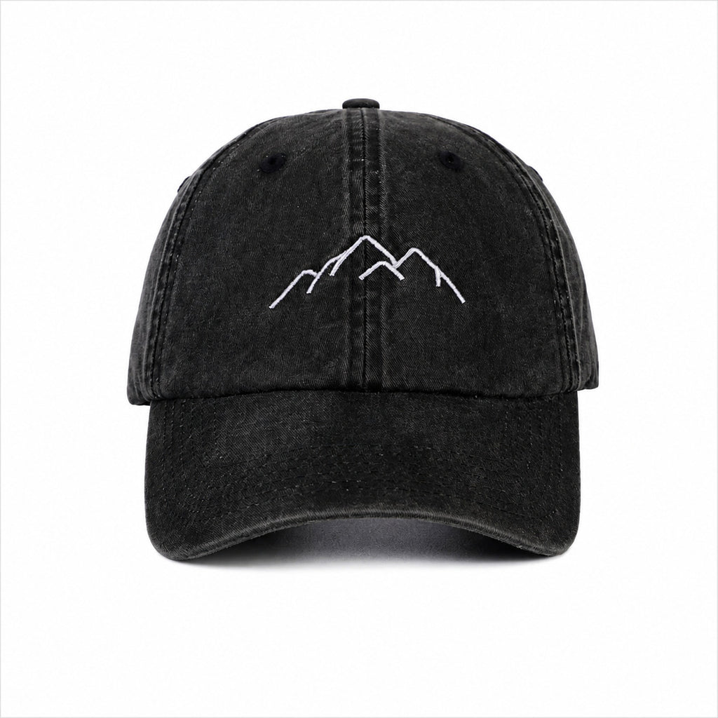 Black cap with mountain logo on a white background
