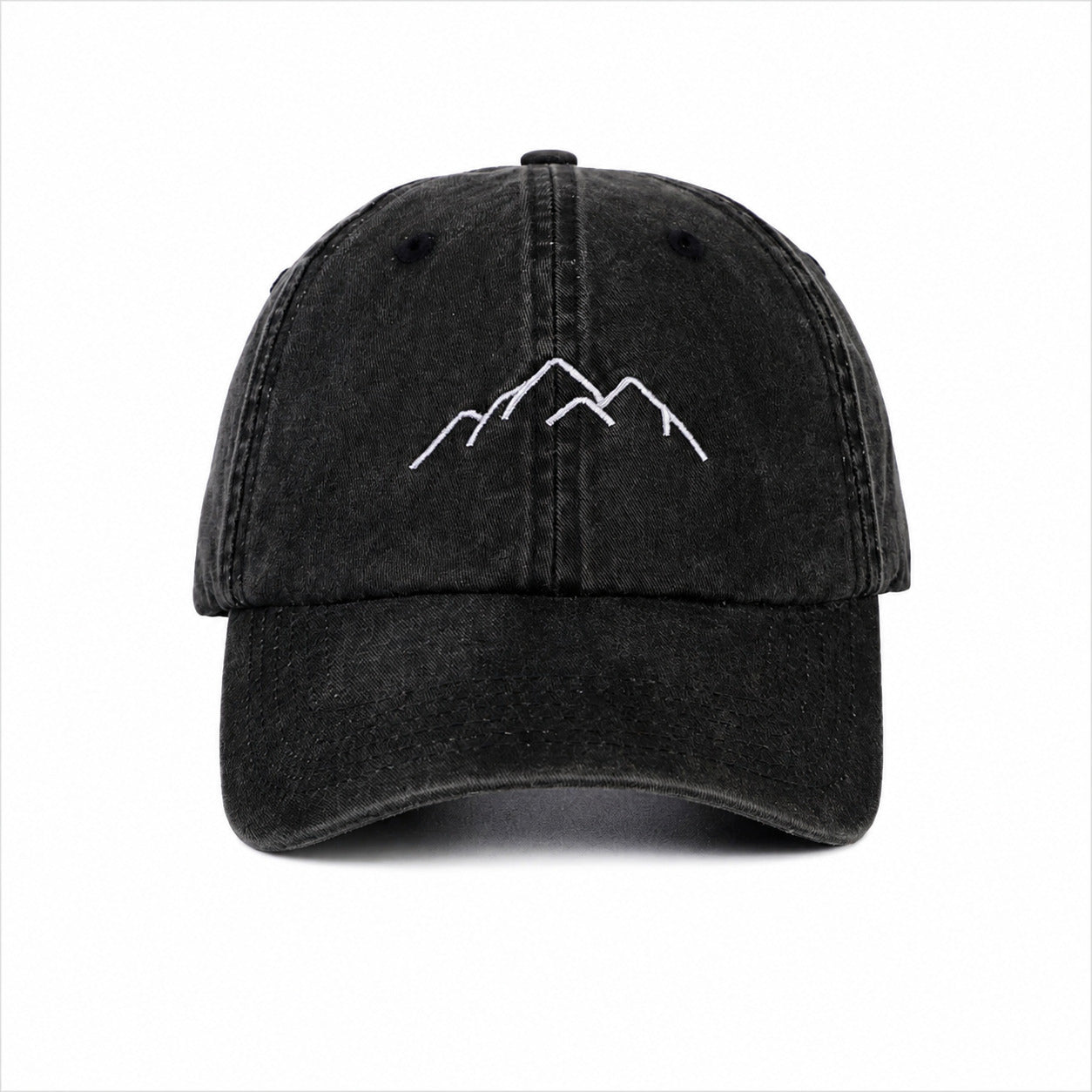 Black cap with mountain logo on a white background