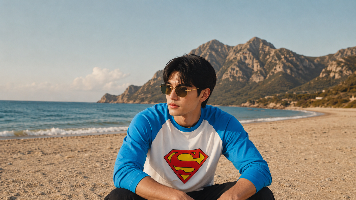 Person wearing a Superman shirt sitting on a beach with mountains in the background