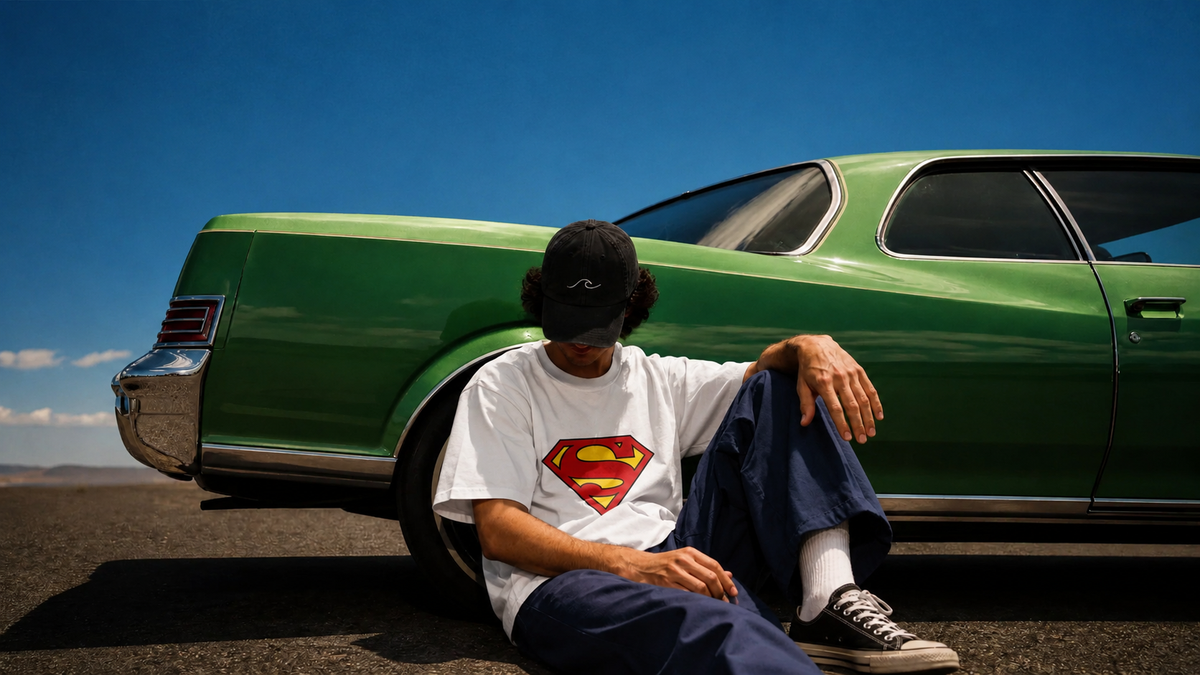 Person wearing a Superman shirt sitting next to a green classic car on a clear day.