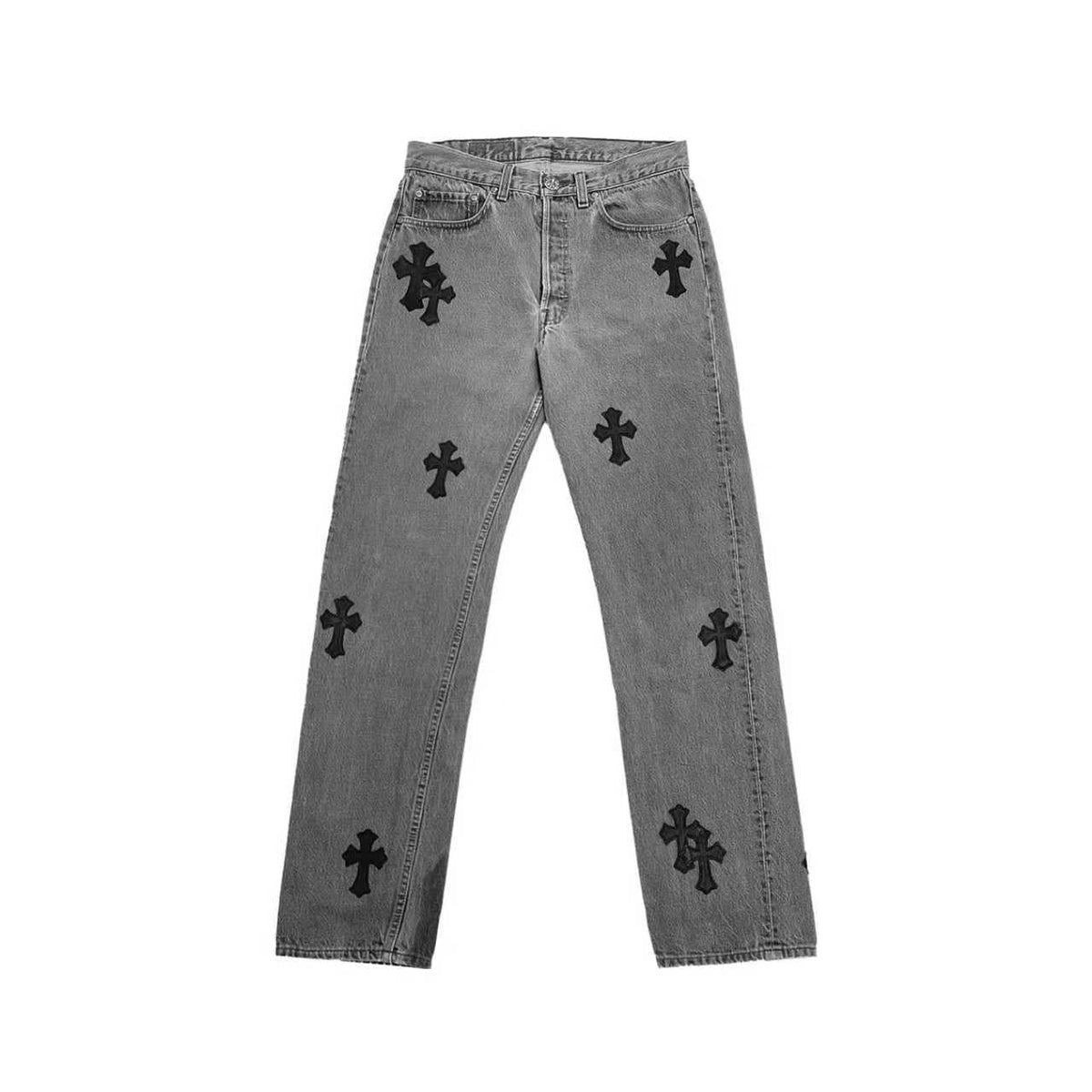 Chrome Hearts Levi's 501 Grey Cross Patch Jeans, signature cross patch detailing on classic straight fit
