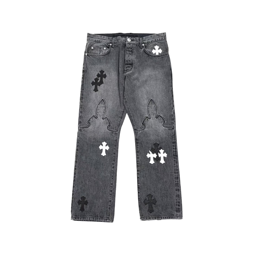 Chrome Hearts Cross Patch Fleur Knee Jeans – Grey front view