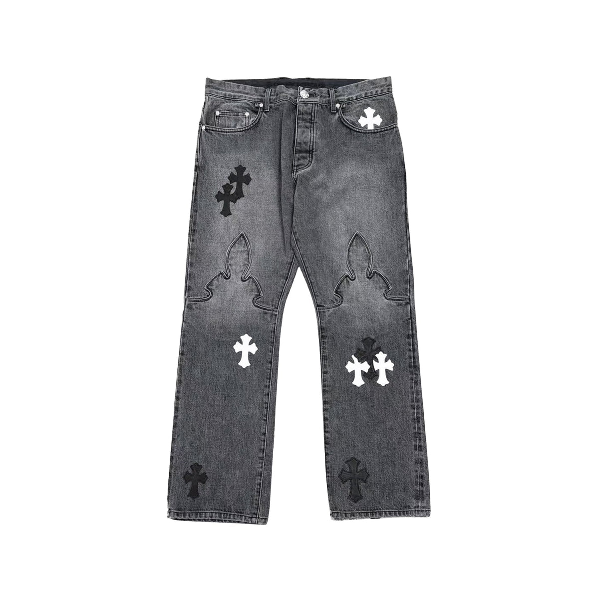 Chrome Hearts Cross Patch Fleur Knee Jeans – Grey front view