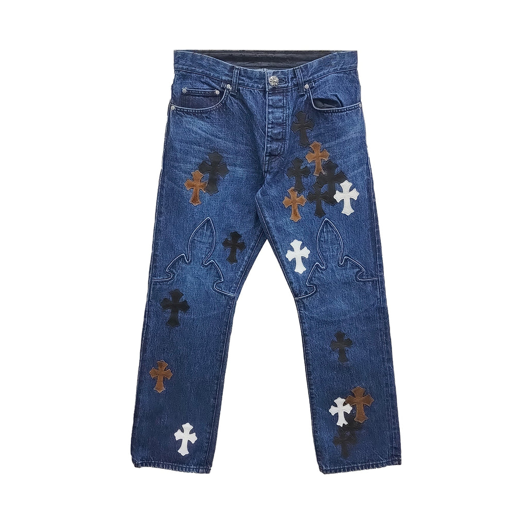 Chrome Hearts Fleur Knee Patch Jeans – Blue front view
