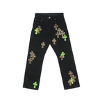 Chrome Hearts Leopard Green Cross Patch Jeans – Black front view