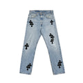 Chrome Hearts Levi's Blue Cotton Denim Jeans, 505 collaboration, black cross patch detailing on light blue wash