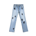 Chrome Hearts Levi's Blue Denim Bootcut Jeans, 517 collaboration, black cross patch on light blue wash