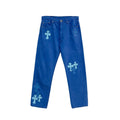 Chrome Hearts Levi's Blue Denim Cross Patch Jeans, London Exclusive edition, front view with cross patch detailing
