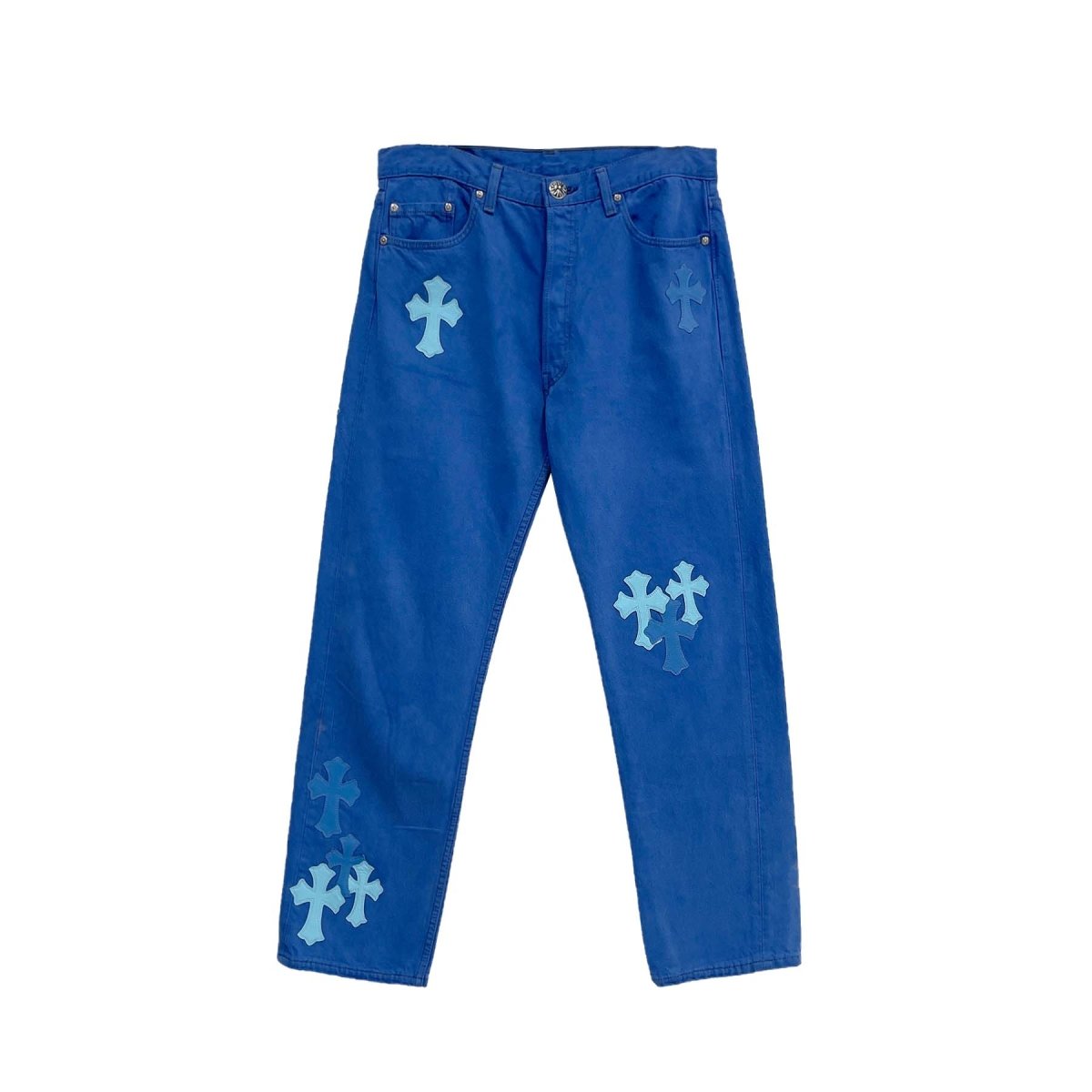 Chrome Hearts Levi's Blue Denim Cross Patch Jeans, London Exclusive edition, front view with cross patch detailing