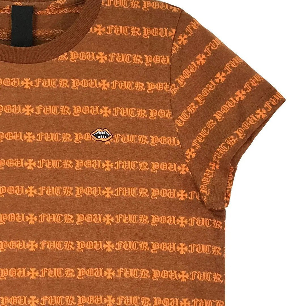 Chrome Hearts Red Lips Script Stripe Tee in Brown & Orange
