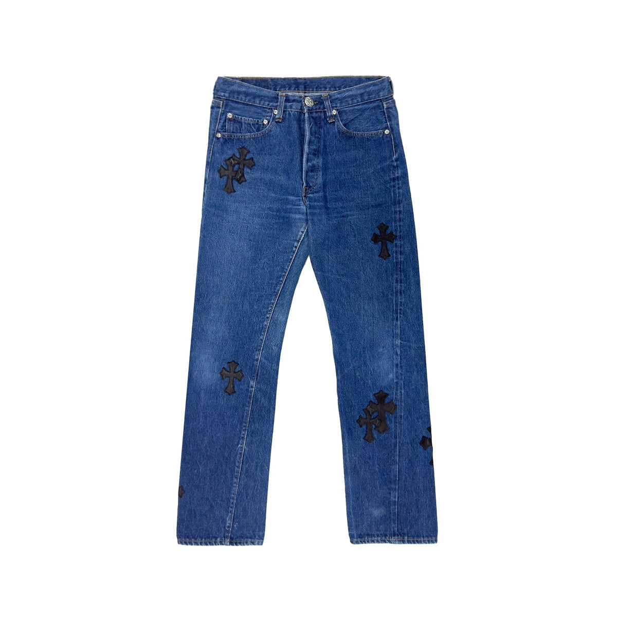 Chrome Hearts x Levi's 501 Black Cross Leather Patch Jeans – Blue front view