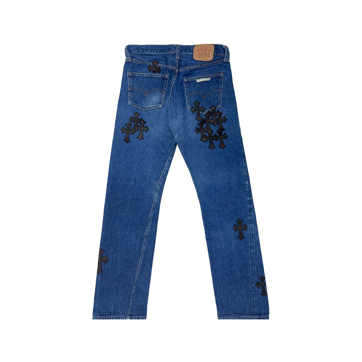 Chrome Hearts x Levi's 501 Black Cross Leather Patch Jeans – Blue back view