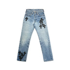 Chrome Hearts x Levi's 501 Black Cross Leather Patch Jeans – Blue front view