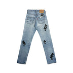 Chrome Hearts x Levi's 501 Black Cross Leather Patch Jeans – Blue back view