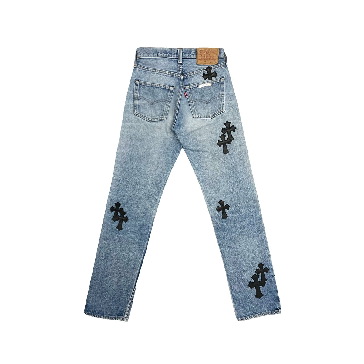 Chrome Hearts x Levi's 501 Black Cross Leather Patch Jeans – Blue back view