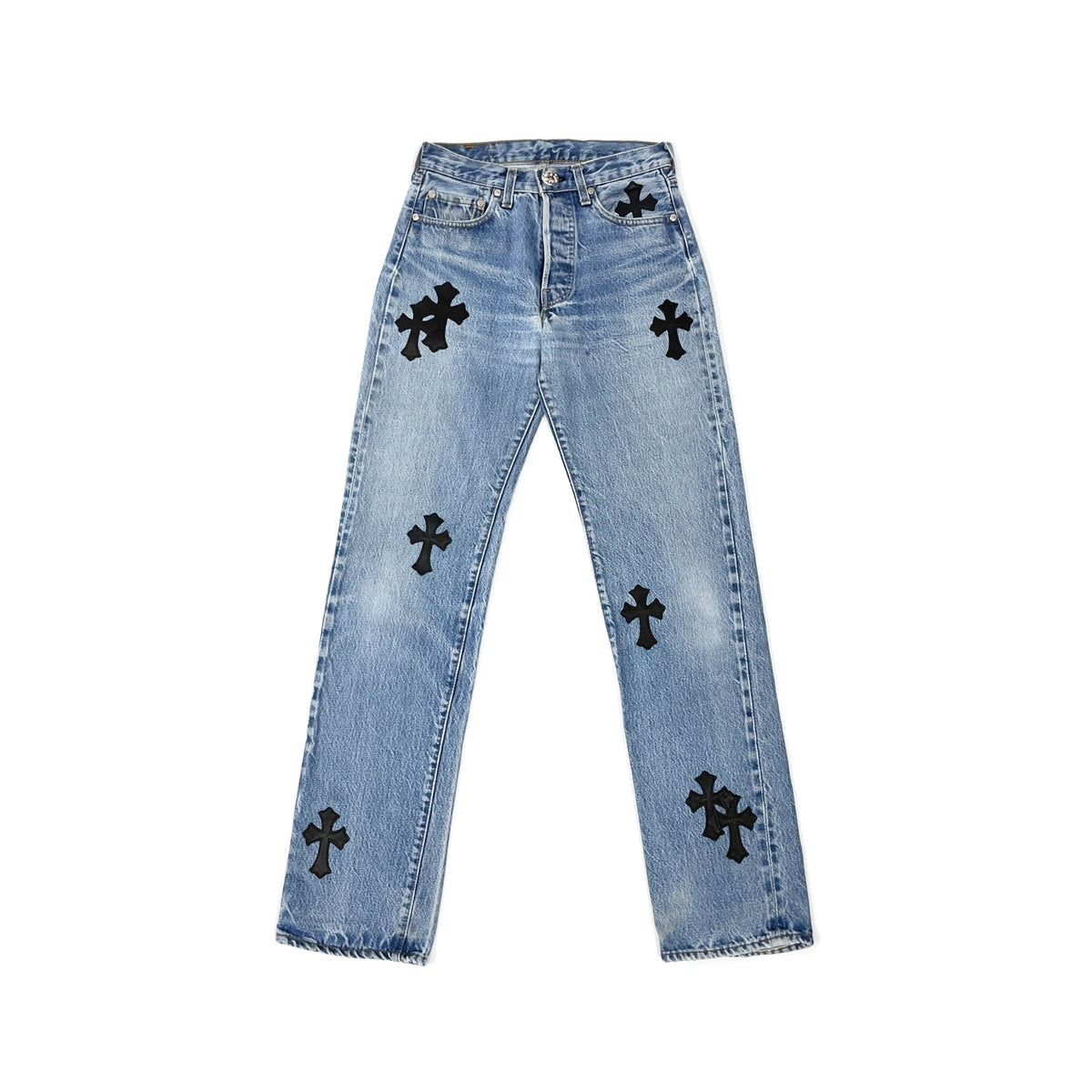 Chrome Hearts x Levi's 501 Black Cross Leather Patch Jeans – Denim front view