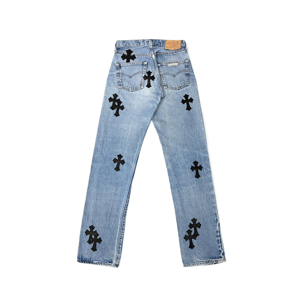 Chrome Hearts x Levi's 501 Black Cross Leather Patch Jeans – Denim back view