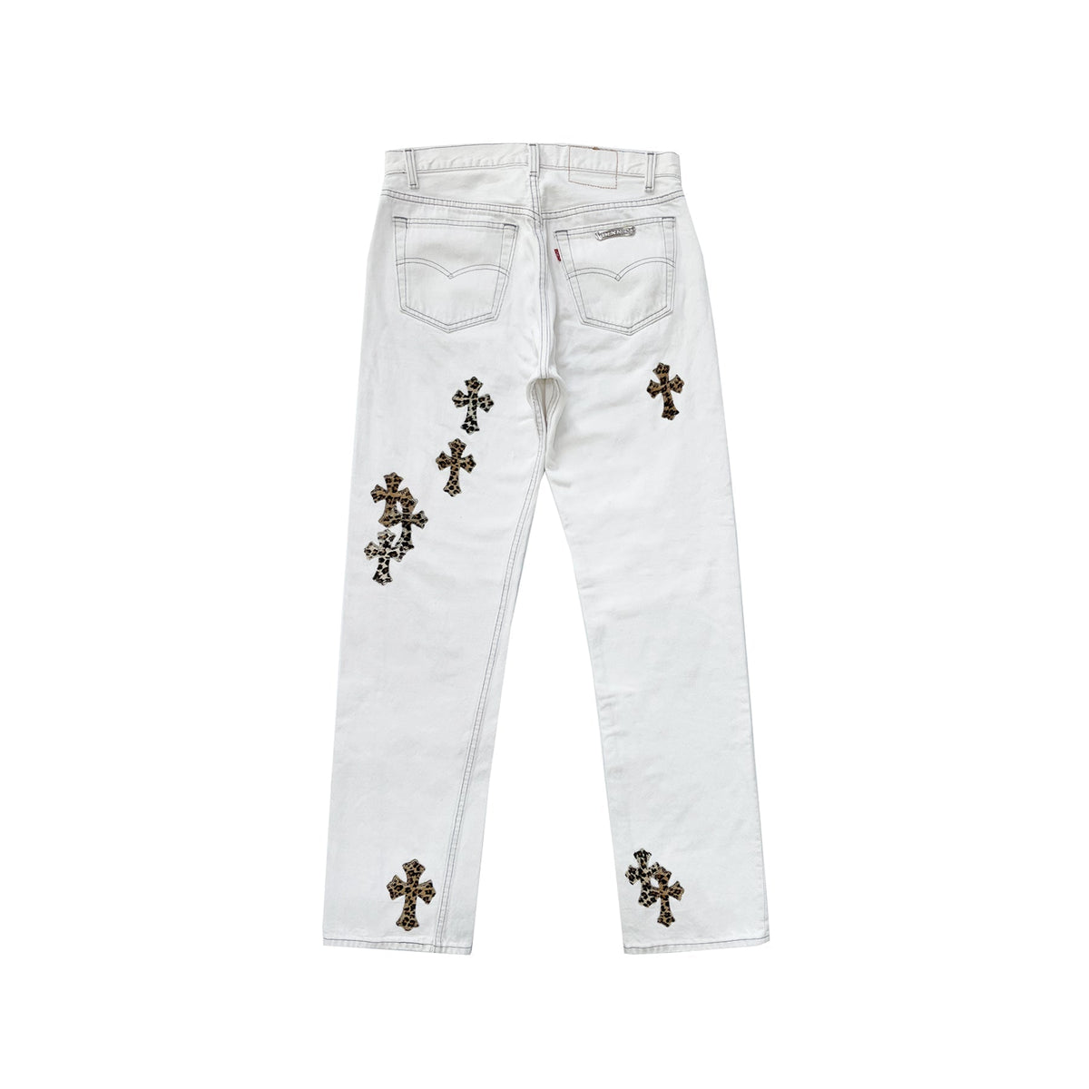 Chrome Hearts x Levi's 501 Leopard Pony Hair Cross Patch Jeans – White back view