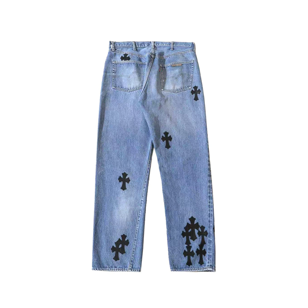 Chrome Hearts x Levi's 501 Multi Cross Patch Jeans – Blue back view