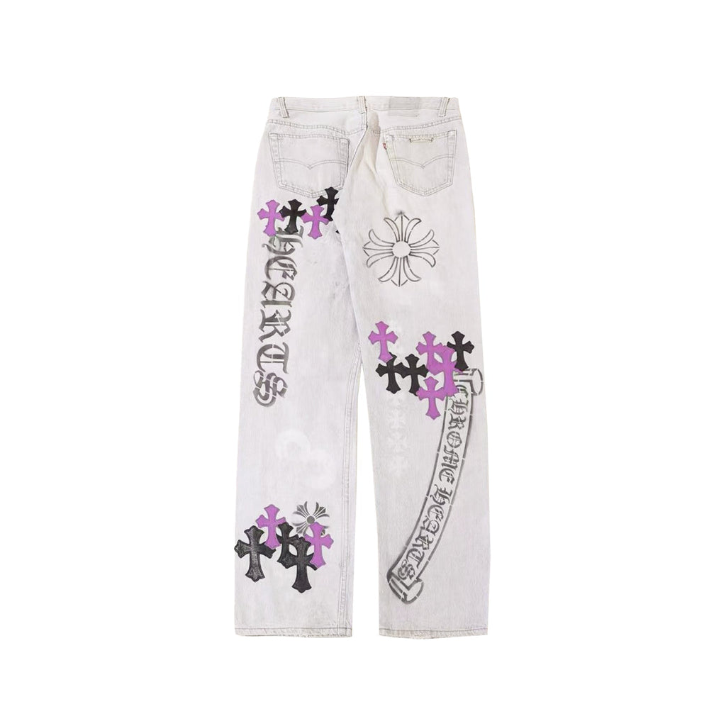 Chrome Hearts x Levi's 501 Purple Cross Spray-Painted Jeans – Washed Grey back view