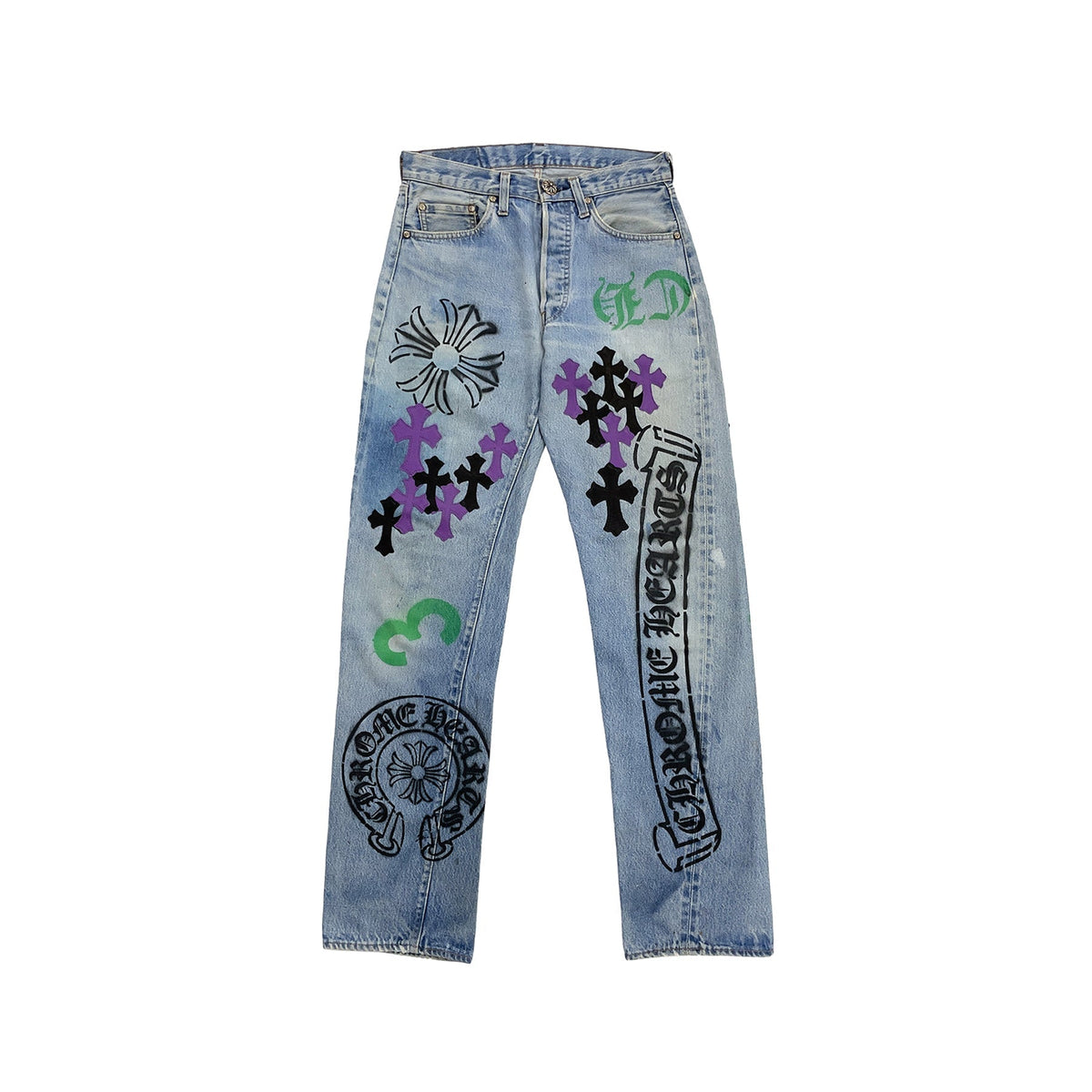 Chrome Hearts x Levi's 501 Spray-Painted Cross Patch Jeans – Blue front view