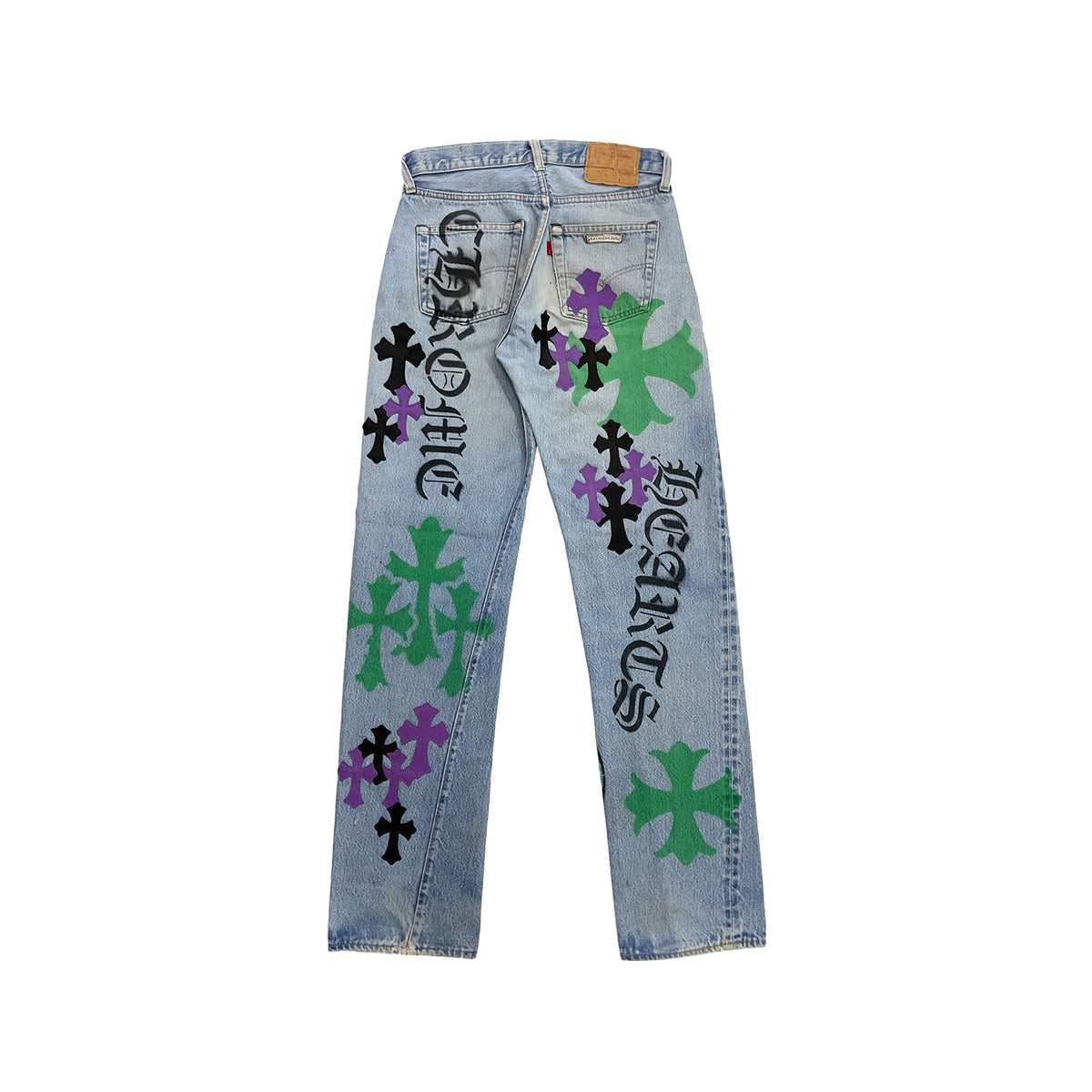 Chrome Hearts x Levi's 501 Spray-Painted Cross Patch Jeans – Blue back view