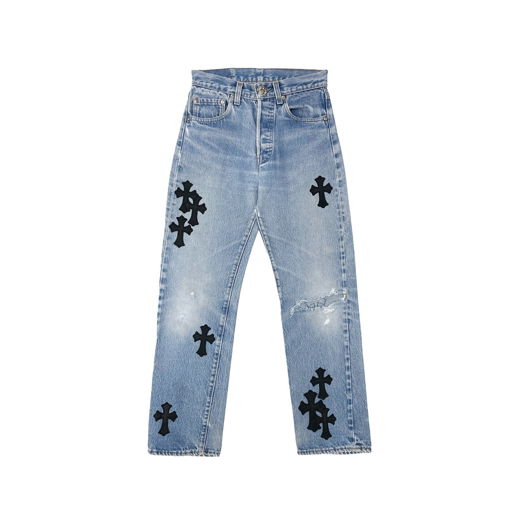 Chrome Hearts x Levi's 501 Washed Blue Black Cross Patch Jeans front view