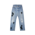 Chrome Hearts x Levi's 501 Washed Blue Black Cross Patch Jeans front view
