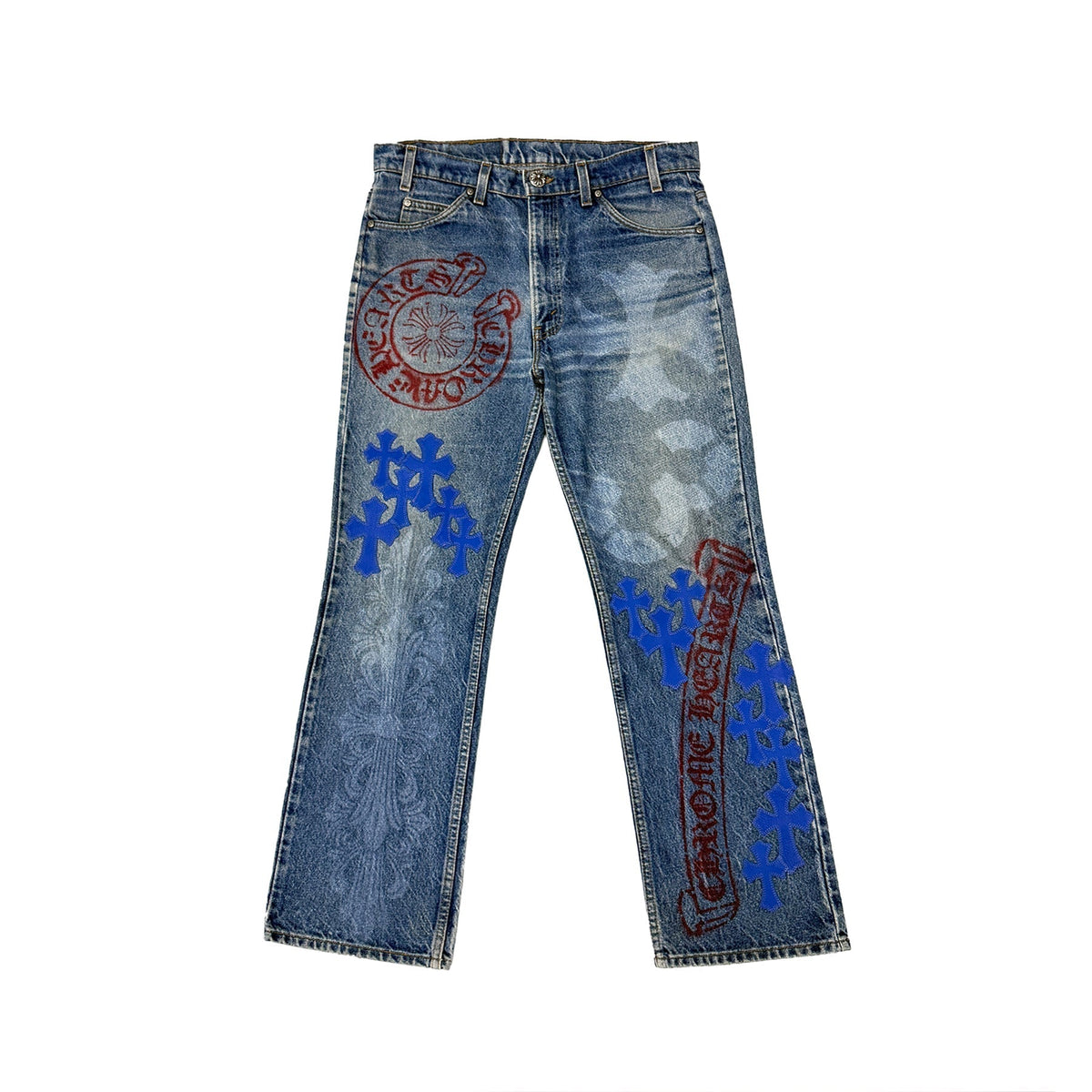 Chrome Hearts x Levi's 517 Blue Cross Patch Spray-Painted Jeans – Denim front view