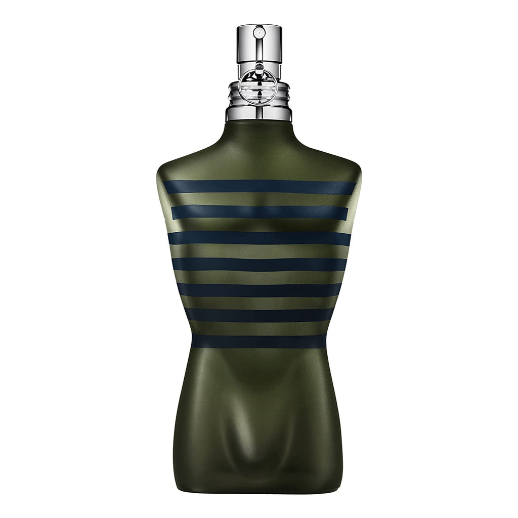 Green perfume bottle with striped design on a white background