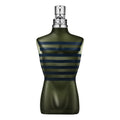 Green perfume bottle with striped design on a white background