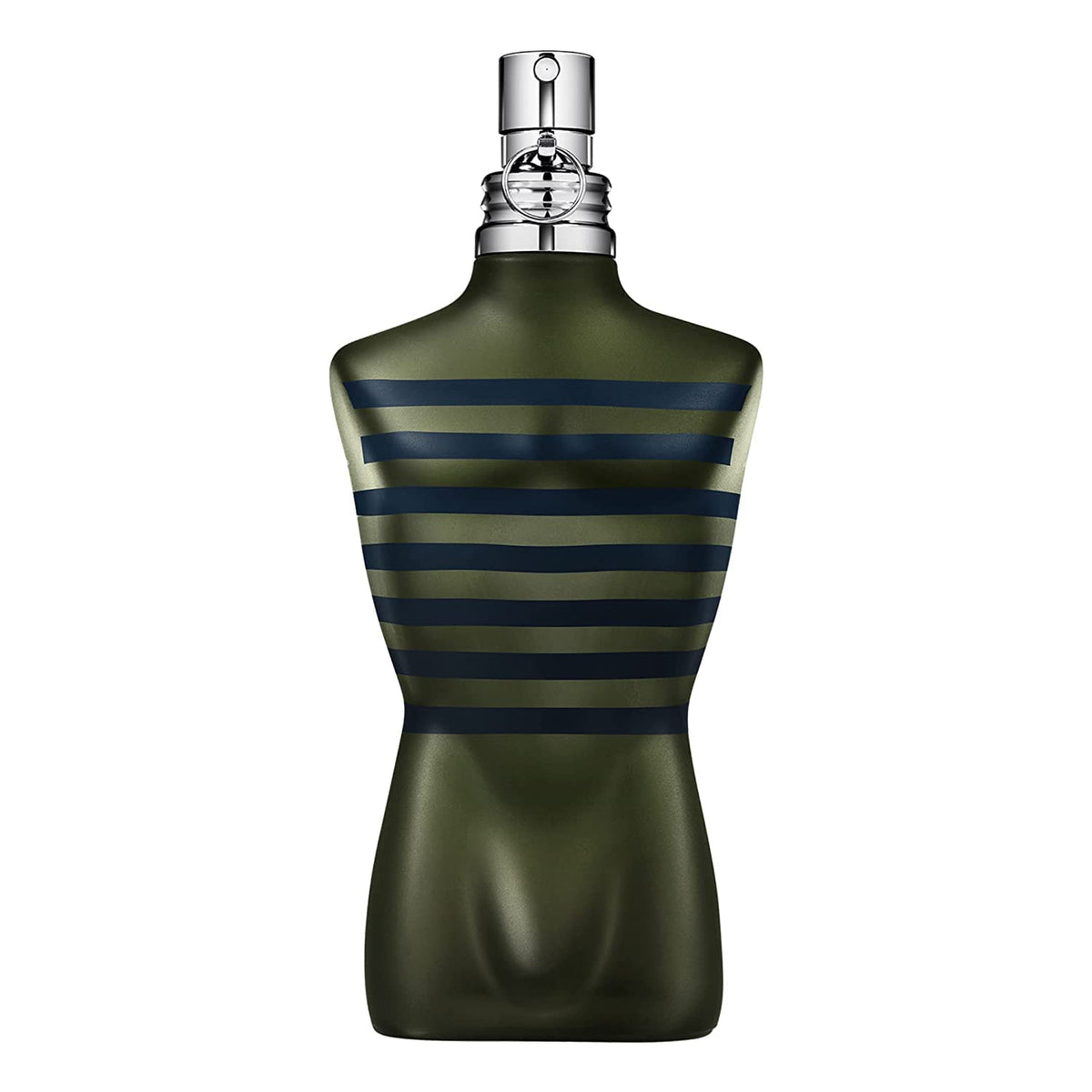 Green perfume bottle with striped design on a white background