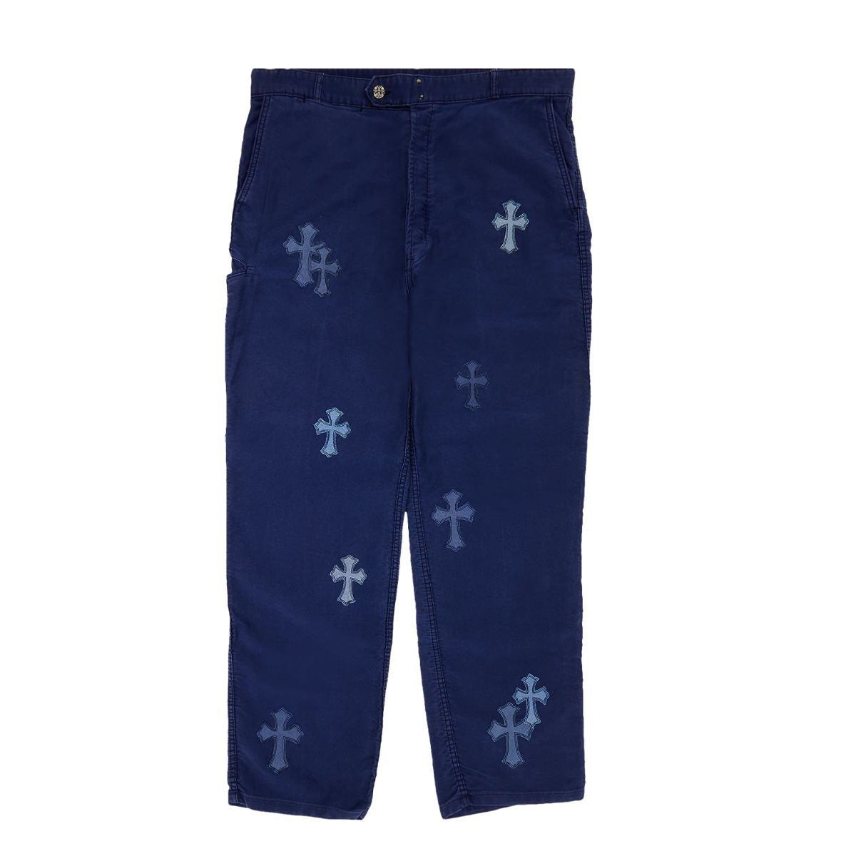Chrome Hearts Blue Cotton Denim Cross Patch Jeans, front view showing signature cross patch detail on the back pocket