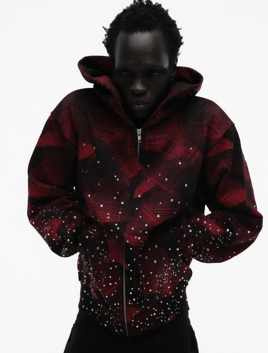 Sp5der Star Plaid Full Zip Hoodie - Black