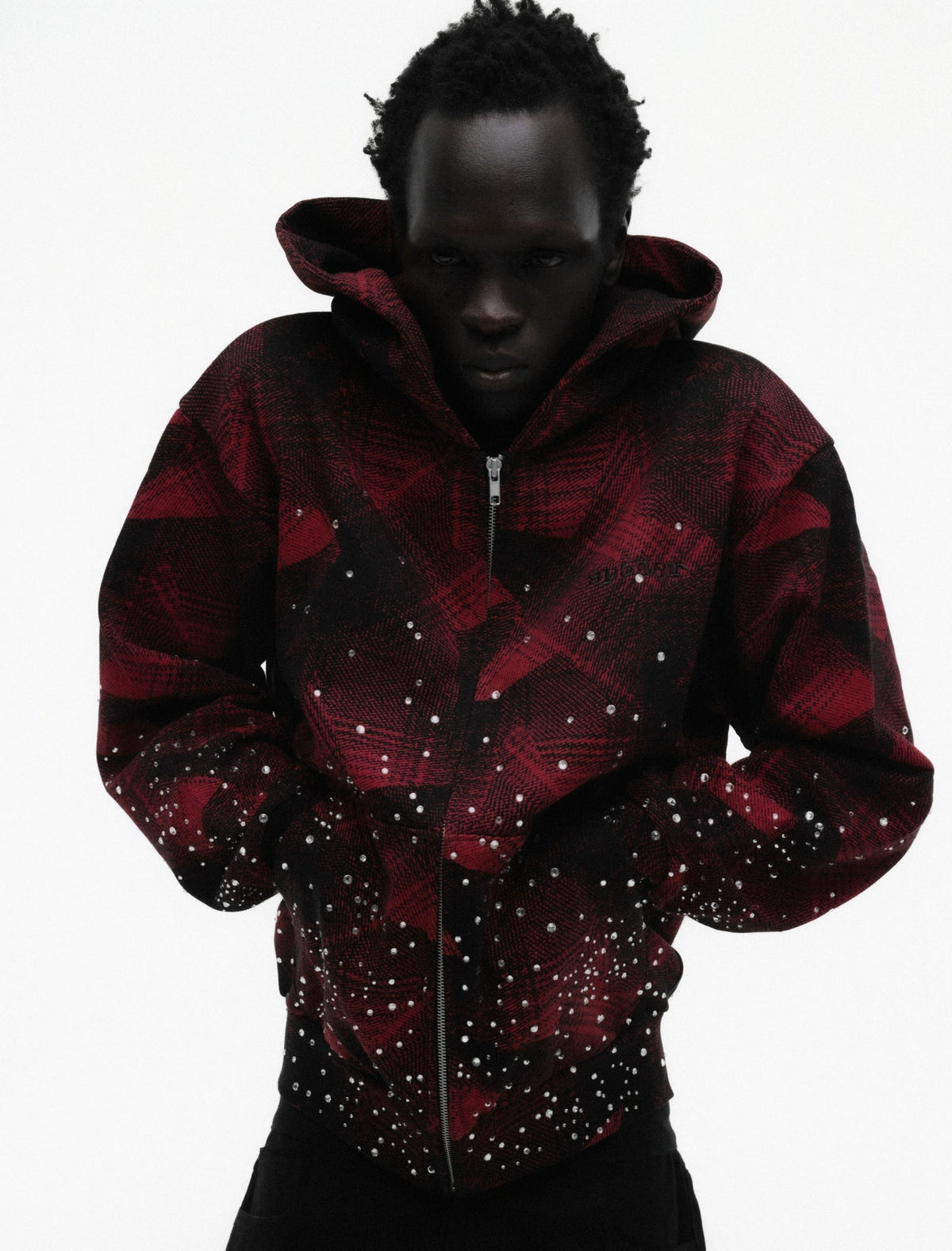 Sp5der Star Plaid Full Zip Hoodie - Black