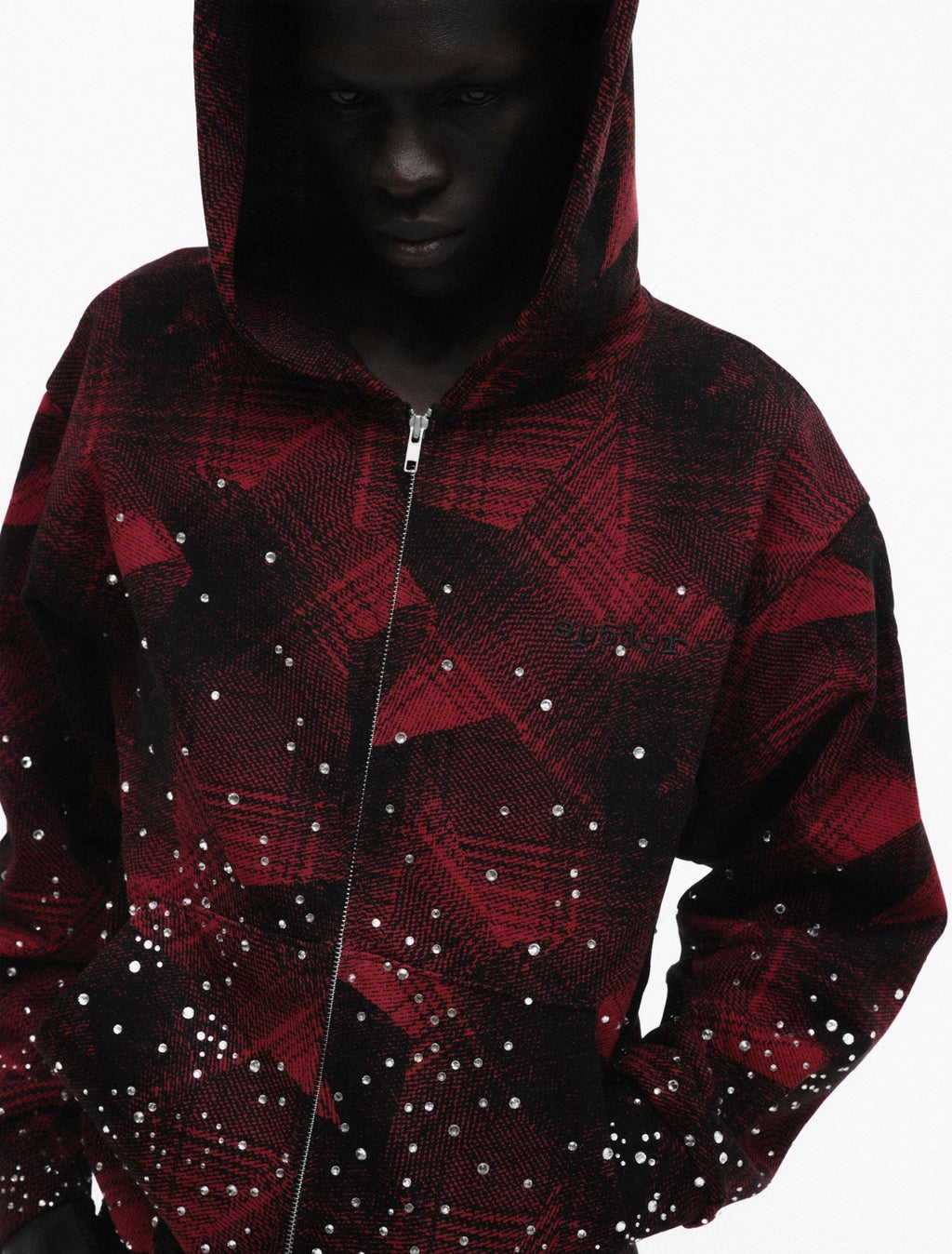 Sp5der Star Plaid Full Zip Hoodie - Black