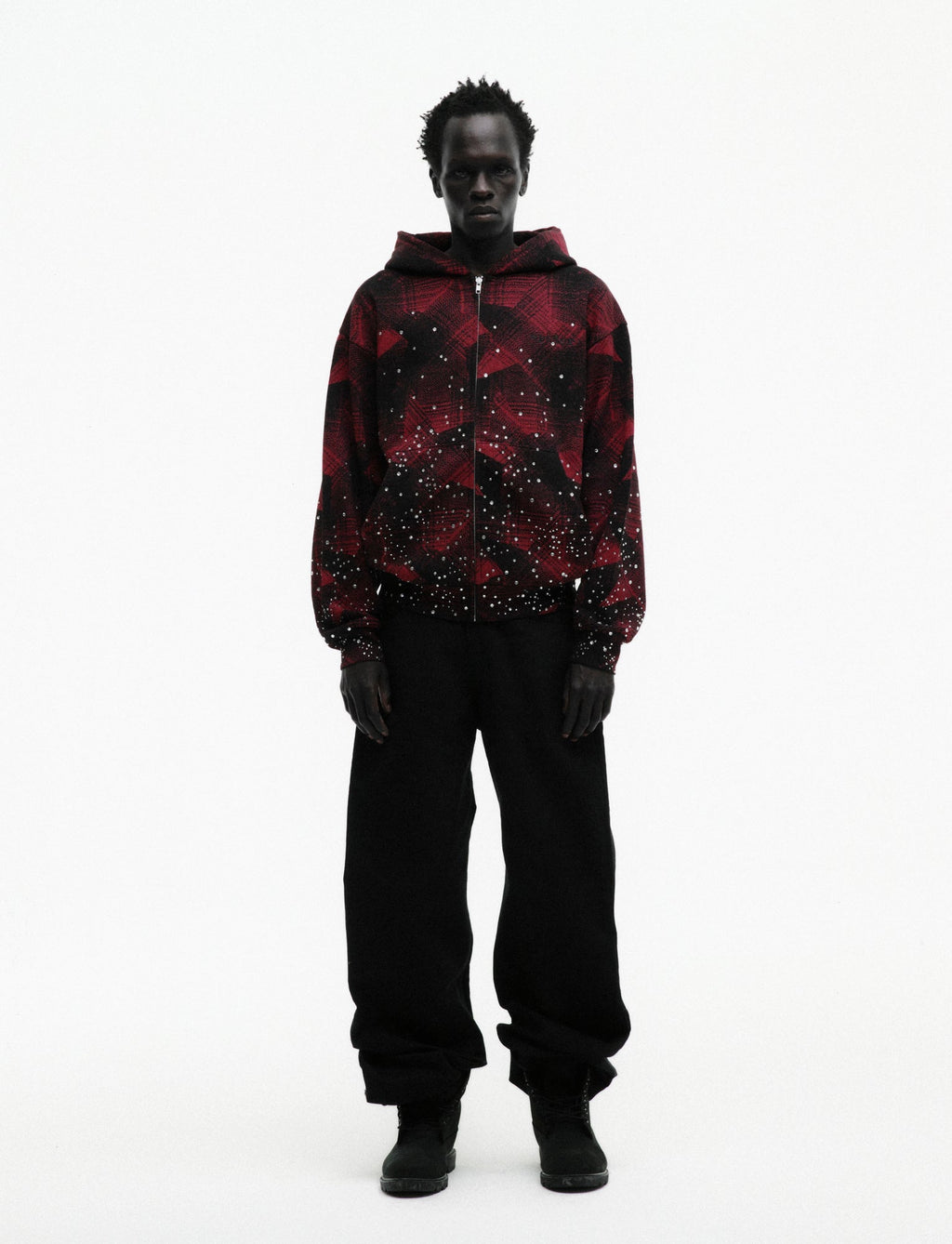 Sp5der Star Plaid Full Zip Hoodie - Black