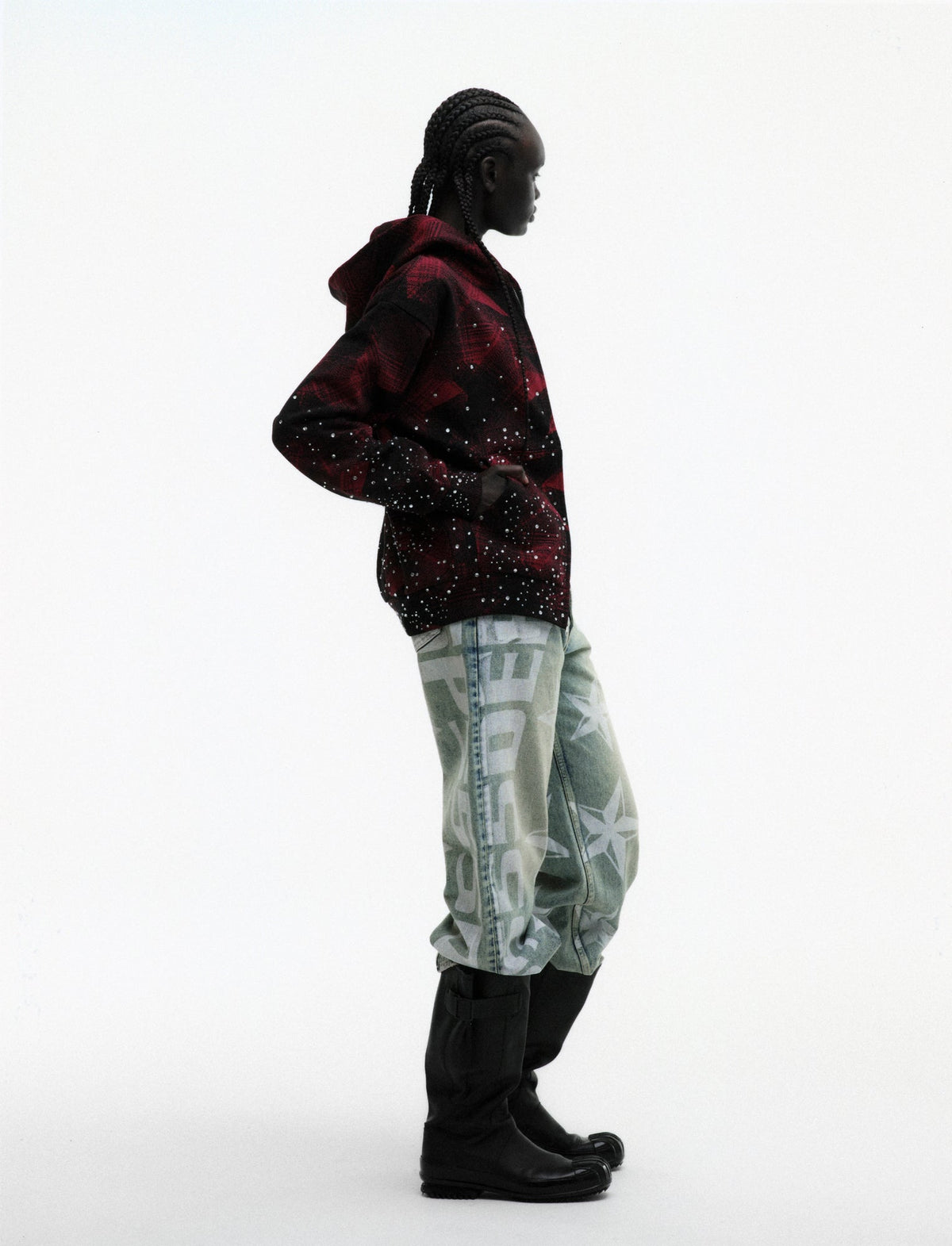 Sp5der Star Plaid Full Zip Hoodie - Black