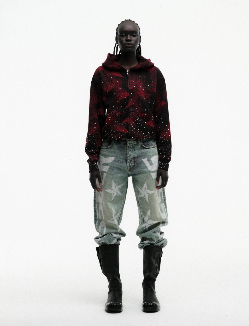 Sp5der Star Plaid Full Zip Hoodie - Black